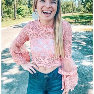 Blush pink lace flare sleeve crop top size L